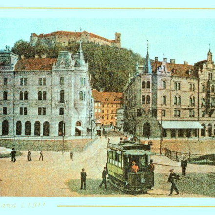Ljubljanski Tramvaj na Marijinem trgu / Neznan avtor / 190? / v javni domeni