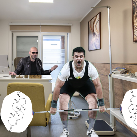 Dvigovalec uteži v zdravniški ordinaciji dviguje dve težki molekuli testosterona. V ozadju, za mizo, spletni vplivnež Andrew Tate govori v mikrofon.