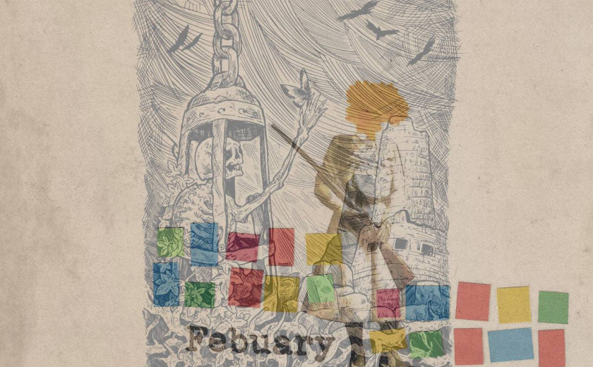 Dve sliki sta nalepljeni ena na drugo, vendar s učinkom prosojnosti, tako da se vidita oba motiva hkrati. Prvi motiv ima risbo okostnjaka, ujetega v celico, nad njim piše mališa bahat, spodaj Lovers. Loners. Losers. Druga slika, ima za kolaž ženske figure s puško in cvetlicami namesto glave. Med njenimi nogami so izrezki kvadratkov različnih barv. Zraven piše Febuary.