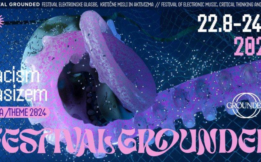 Plakat za letošnji Grounded v vijolično-modrih barvah, za napisom Rasizem