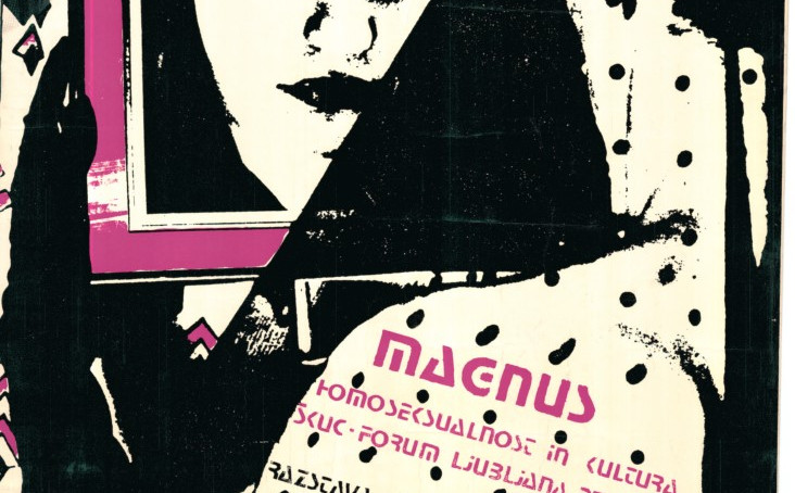 Promocijski plakat za festival Magnus: homoseksualnost in kultura, Škuc forum. April 1984, Ljubljana.