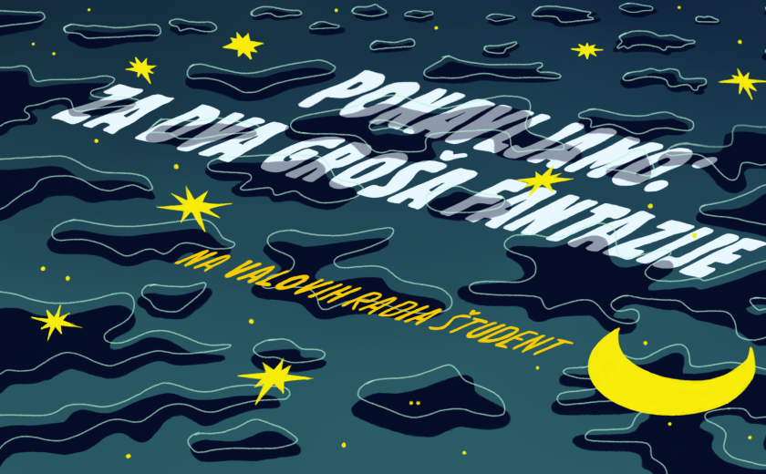 Ilustracija vode in zvezd, pod gladino plava napis "Ponavljamo: Za dva groša fantazije" 