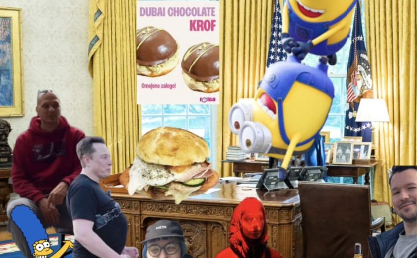 Na sliki so vidni voditelji oddaje, ki se družijo v ovalni pisarni, družbo jim delajo minioni, Elon Musk in Marge iz risane serije The Simpsons. Na mizi ovalne pisarne je viden velik sendvič, ki ga bo pojedel Elon Musk, ki ima izbuljen trebuh. Na mizi so tudi trije minioni, ki delajo norčije.