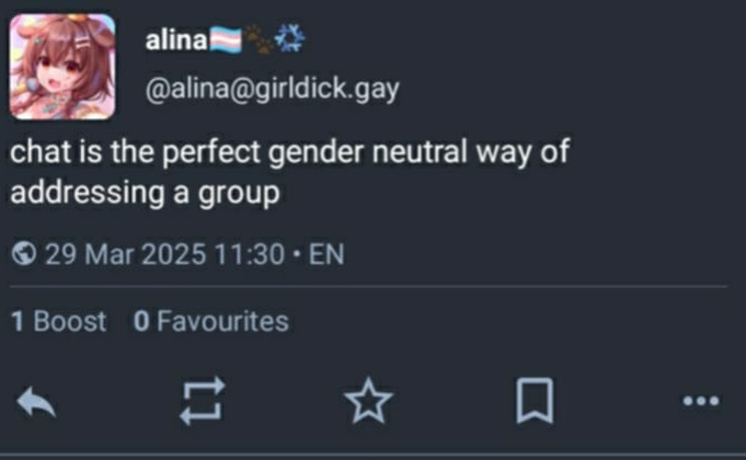 Mastodon post avtorice_ja @alina@girldick.gay, ki se glasi: "Chat is the perfect gender neutral way of addressing a group."