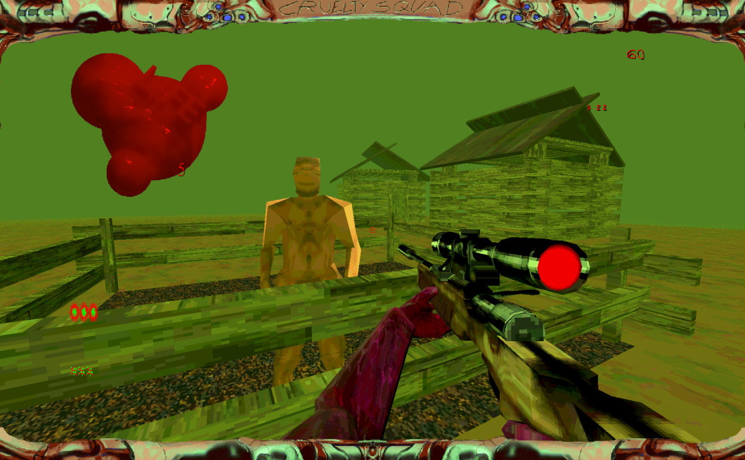 Posnetek zaslona iz igre Cruelty Squad. Perspektiva je prvoosebna, igralec pred sabo drži ostrostrelsko puško in meri v nagega človeka, zaprtega v majhni leseni ogradi pred njim. V ozadju sta vidni dve manjši dvokapnici. Grafika je nizkopoligonska in vsi barvni odtenki so pretirano zelene barve.